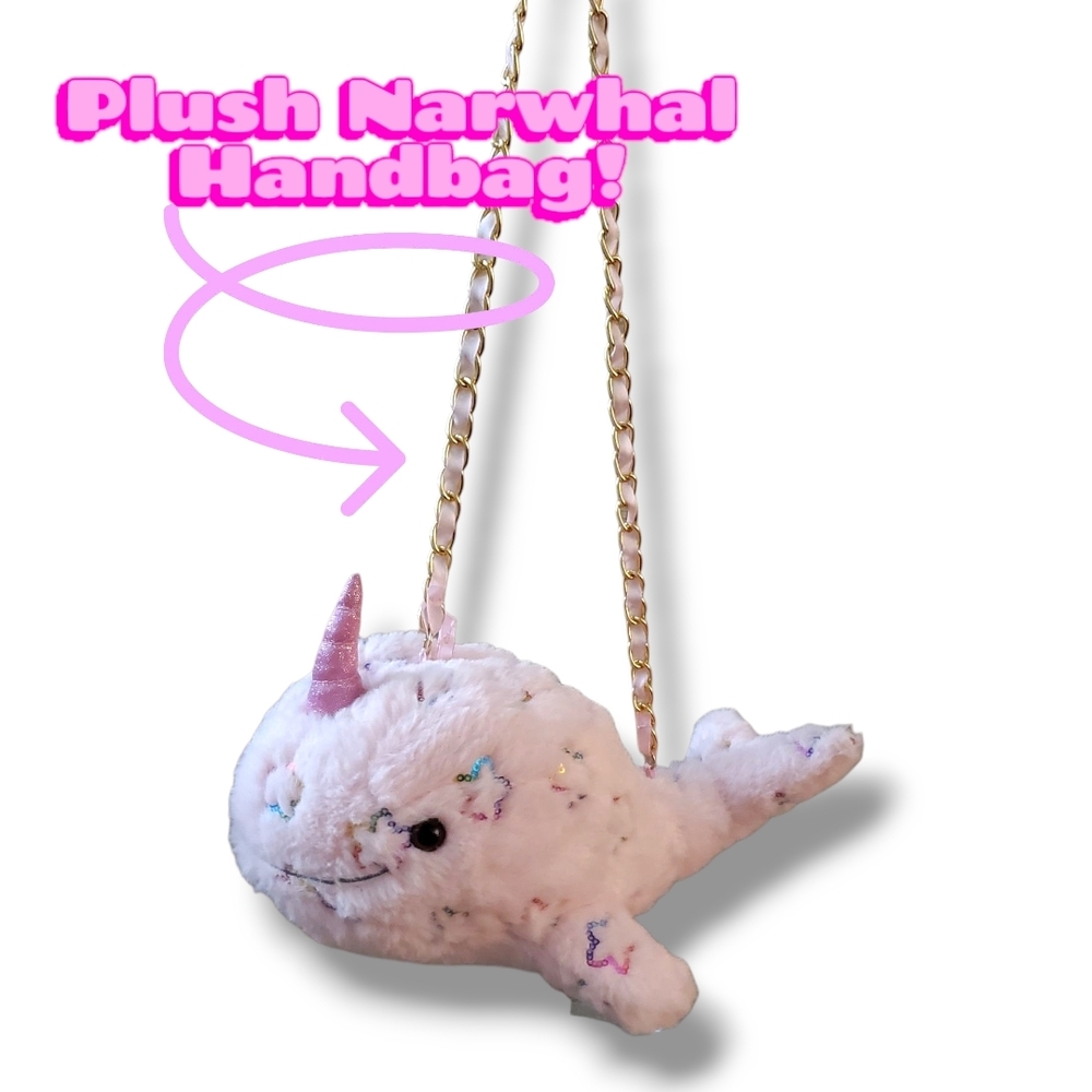 NWOT Plush Narwhal Handbag Pink Horn Silver Chain Strap Crossbody Kawaii Cute